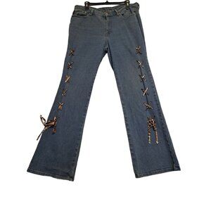 Vtg.90s Y2K Navi XL Bootcut Flare Jeans Boho 16-18 USA Funky Lace-Up Denim
